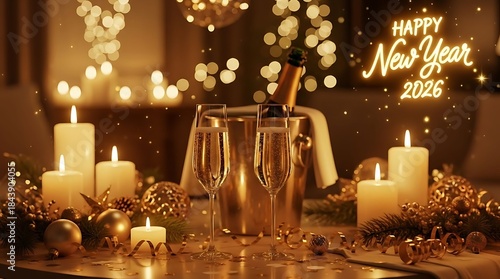 Premium Happy New Year 2026 Champagne Celebration With Elegant Candlelit Table