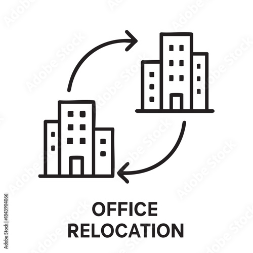 Office relocation depicted with a circular arrow connecting two building outlines symbolizing a move or transition