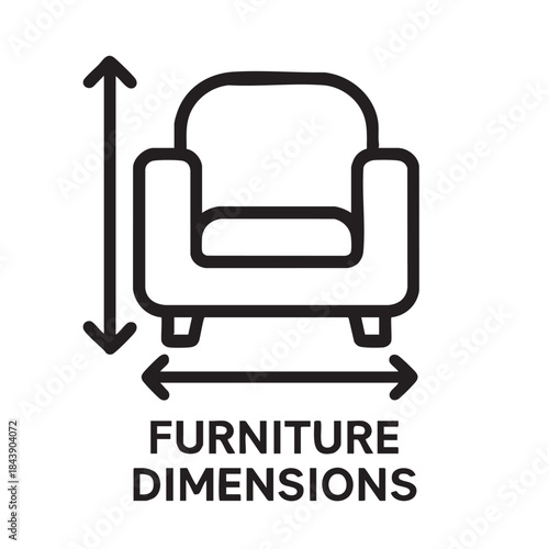 A simple black and white line drawing depicts a chair with dimension arrows indicating height and width