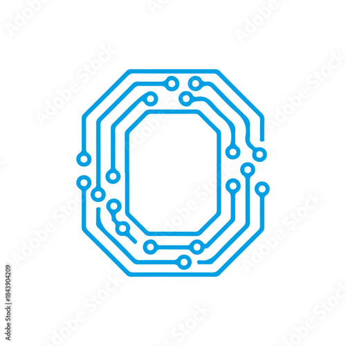 A vector icon of the letter 'O' designed with blue electronic circuit lines, symbolizing optimization, digital operations, and technology integration. Ready in PNG, JPG, and editable EPS formats.