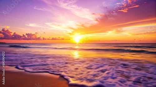 Dramatic Sunset Over Sea with Purple Skies and Golden Light Reflection on the Water and Sand