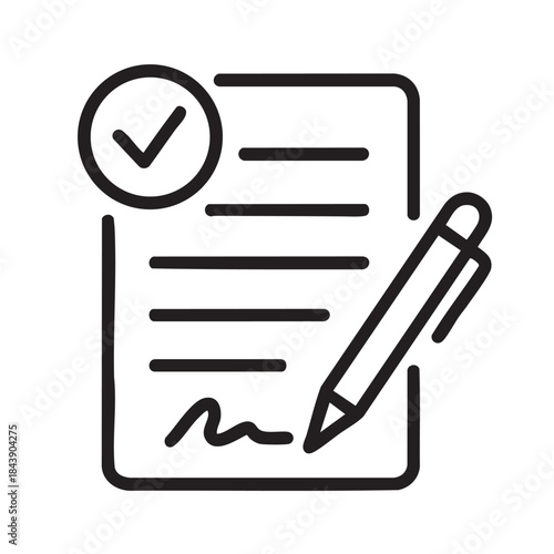 A simple line drawing depicts a document with a checkmark and a pen representing completion or approval