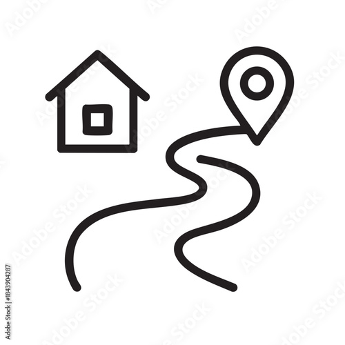 A simple black and white line drawing depicts a house connected to a map pin by a winding road