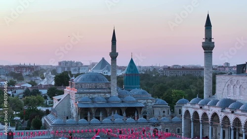Aerial view of the Mevlana Museum and Sultan Selim Mosque in Konya city center. 