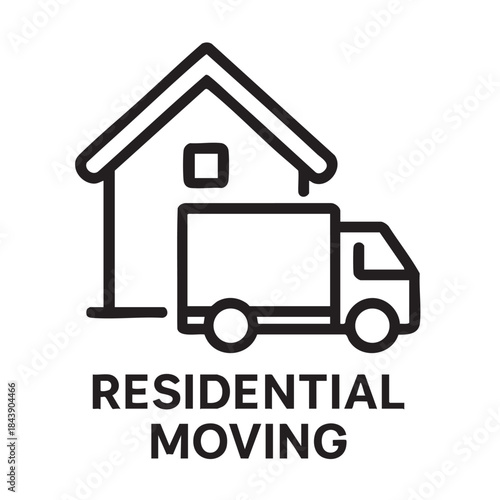 A simple line drawing depicts a house and a moving truck representing residential relocation services offered