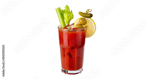 Bloody Mary Cocktail with Celery Stalk and Olives on Isolated on transparent background