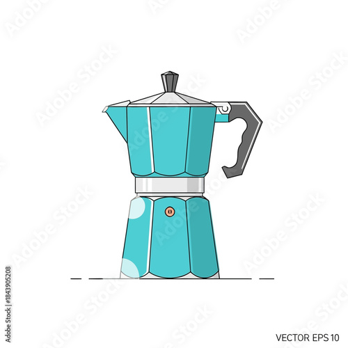 Turquoise moka pot drawing featuring simplistic outlines and modern illustrative style