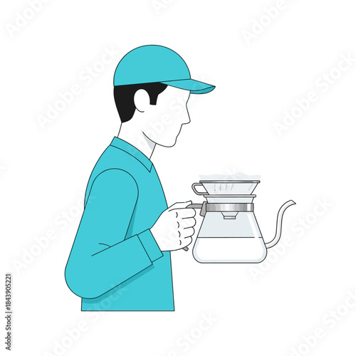 Minimalist depiction of a barista precisely pouring coffee with meticulous attention to detail