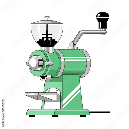 Vintage kitchen tool: a charming illustration of a green hand crank coffee grinder machine