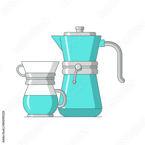 Turquoise coffee brewing essentials minimalist illustration featuring moka pot and pour over
