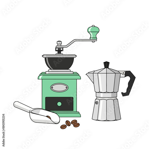 Retro coffee preparation scene showcasing a grinder and moka pot illustration