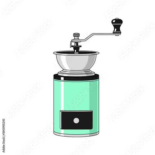Detailed illustration of a vintage manual coffee grinder with elegant design elements