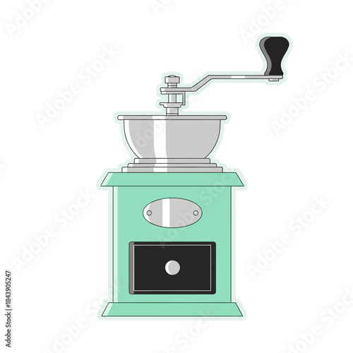Artistic rendition of a vintage mint green coffee grinder, a nostalgic appliance for gourmet