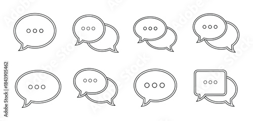 Set of eight speech bubbles with smiling faces in line art style