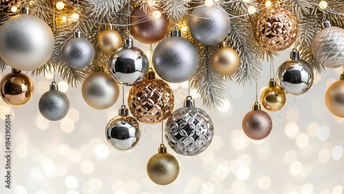 Festive Christmas Ornament Decoration Hanging Indoors with Gold and Silver Baubles in Holiday Season Close-Up View