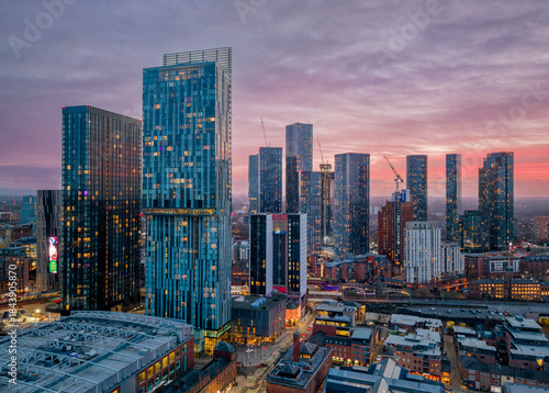 Canvas Print Manchester City centre Aerial night view of Deansgate Square and Beetham Tower Manchester northern England