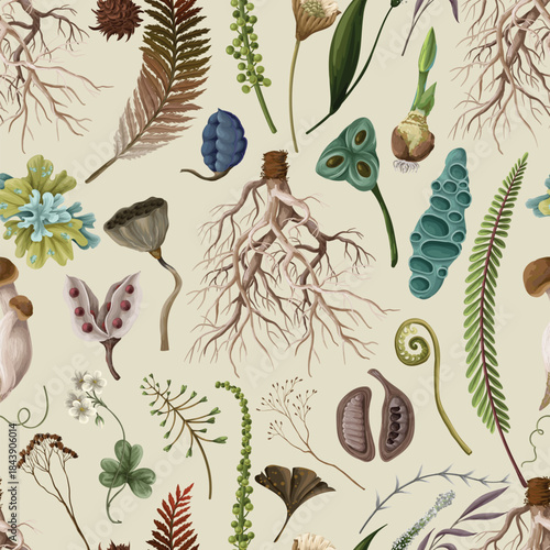 Rewild moss root organic soil earthy raw botanical elements eco seamless vector pattern design