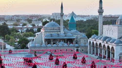 Aerial view of the Mevlana Museum and Sultan Selim Mosque in Konya city center. 