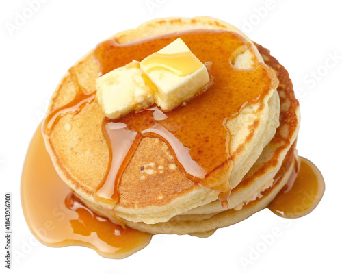 Stack of Fluffy Buttermilk Pancakes with Melting Butter and Maple Syrup Isolated PNG or JPEG Background