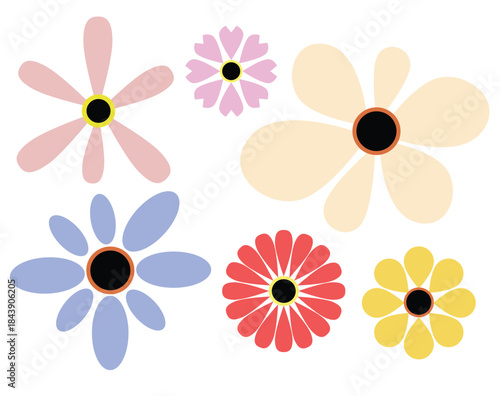 Retro flowers colorful simple shapes isolated.