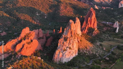 Aerial view of Rock Formations at Garden of the Gods During Morning Sunrise in Colorado Springs, Colorado landscape - 4K Drone