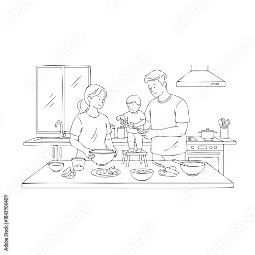 A family of three is cooking together in a kitchen. The mother is preparing food while the father and child are helping her. The scene is peaceful and warm