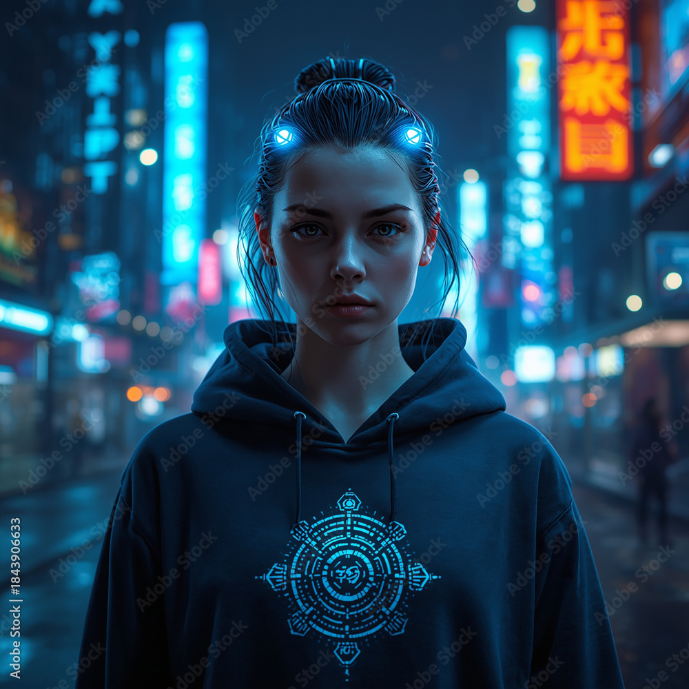 Obraz premium Cyberpunk Woman With Glowing AI Symbol in Neon City at Night