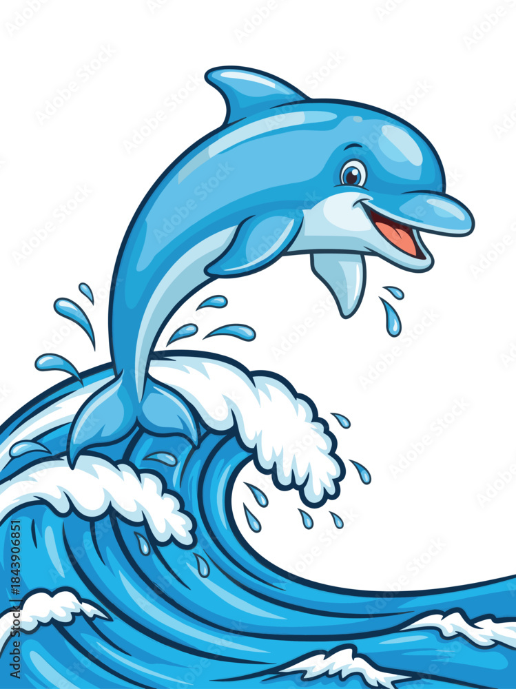 Fototapeta premium Cartoon Dolphin Jumping Over Ocean Wave