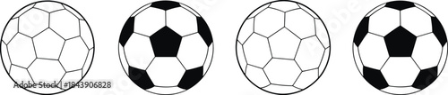 Four Black and White Soccer Balls Set, Including Filled and Outline Football Icons, Vector Graphic Collection for Sport Theme.