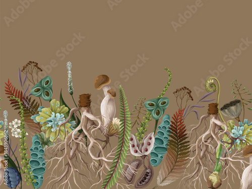 Rewild moss root organic soil earthy raw botanical elements eco border vector pattern design