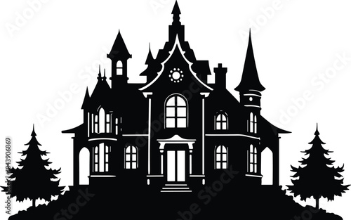 Highly Detailed Victorian Haunted House Silhouette Vector Illustration with Ornate Turrets and Front Porch, Surrounded by Pine Trees.