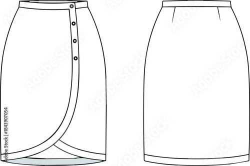 Fashion Flat Technical Drawing of a Knee-Length Pencil Skirt Featuring a Tulip Wrap Front with Button Closure Detail.