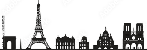 Iconic Paris France City Skyline Silhouette Vector Illustration Featuring Eiffel Tower, Notre Dame, and Arc de Triomphe Landmarks.