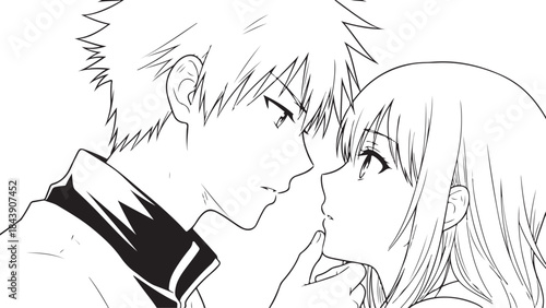 Valentine's Day Special: Anime Couple Line Art Vector Illustration. 14 February Romantic Manga Sketch for T-shirt Print.