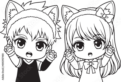 Valentine's Day Special: Anime Couple Line Art Vector Illustration. 14 February Romantic Manga Sketch for T-shirt Print.