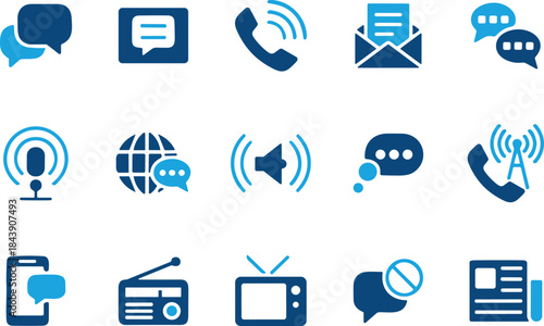 Communication Technology and Media Blue Icon Collection, Including Phone Calls, Mail, Chat Bubbles, Radio, TV, Mobile Messaging, and Global Connection Symbols Vector Set.