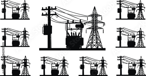 Complete Electrical Power Grid Infrastructure Silhouette Vector Collection, High Voltage Transmission Towers, Utility Poles, Distribution Lines, and Substation and Pole Transformers Set.