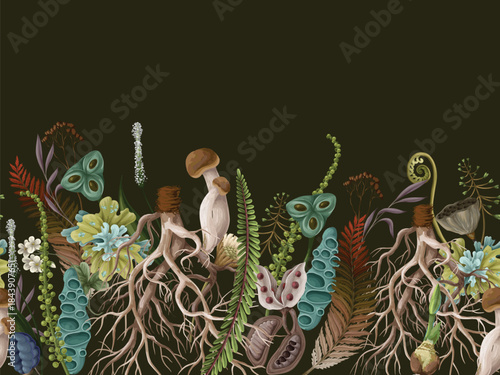 Rewild moss root organic soil earthy raw botanical elements eco border vector pattern design