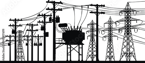 Electrical Power Grid Landscape Silhouette, High Voltage Transmission Towers, Utility Poles, Lines, and Substation Transformer for Energy Distribution Background Vector.
