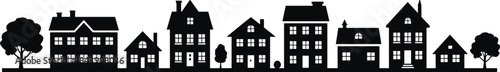 Black silhouette of traditional houses, suburban neighborhood, residential skyline, town homes, real estate, and village panorama