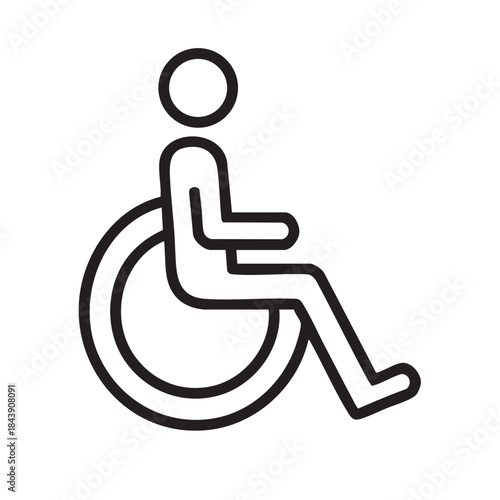Simple black and white line drawing depicting a person seated in a wheelchair symbolizing accessibility and mobility assistance