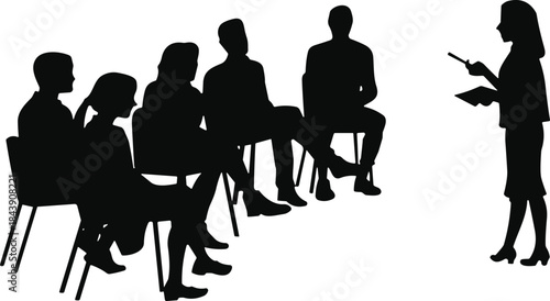 Professional business people audience listening to presenter silhouette at seminar, workshop, or training session with clipboard and pointer