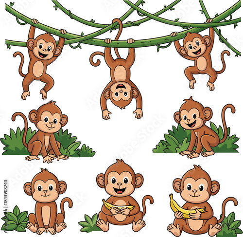 Playful Monkey Illustrations in Jungle Setting