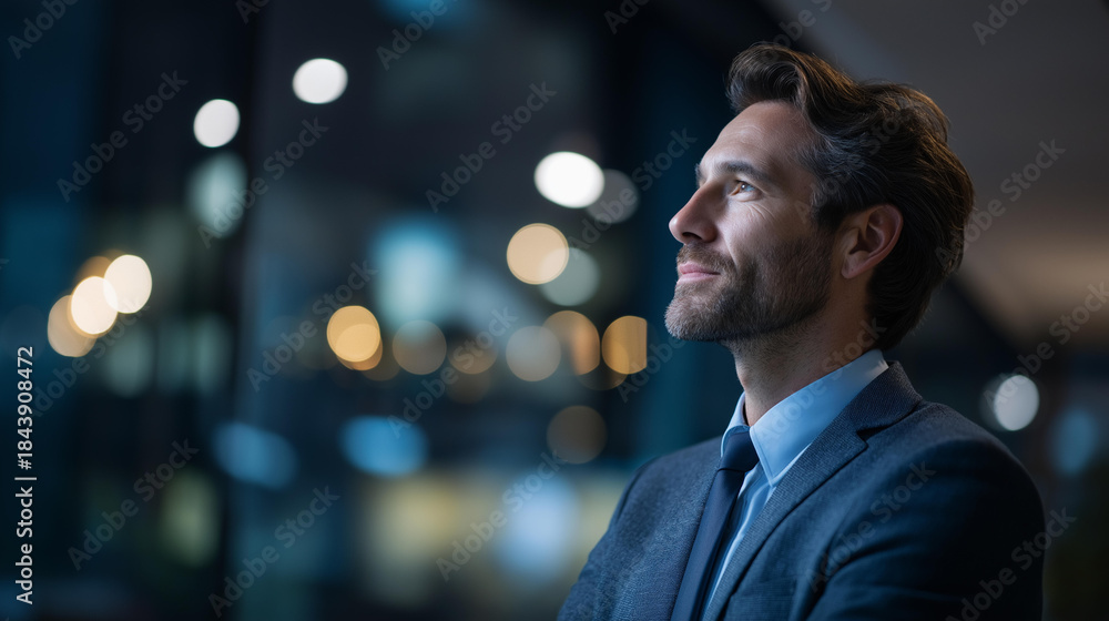 Obraz premium Faceless confident successful businessman portrait with commanding presence heavily defocused professional background with extreme bokeh anonymous business leader without