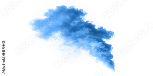 Abstract blue smoke isolated on a bright white background, resembling a fluffy cloud in the clear sky