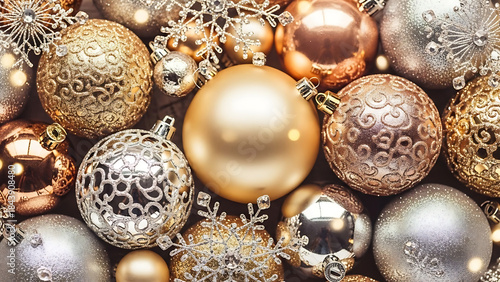Close-up view of assorted gold and silver Christmas ornaments and snowflakes, festive decoration, holiday celebration, indoor setting, detailed composition