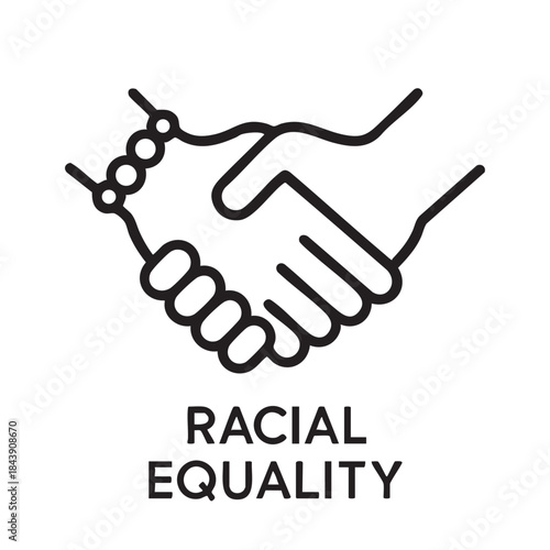 A simple line drawing depicts two hands shaking symbolizing agreement and cooperation with text below reading racial equality