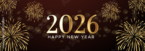 Golden “2026” with fireworks and “FELIZ ANO NOVO!” on dark background, festive and elegant.