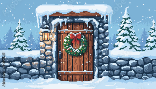 Rustic wooden door with a Christmas wreath is set in a snow-covered stone wall during a gentle snowfall in a cozy, festive pixel art landscape with a warm lantern