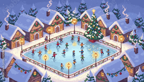 Festive pixel art winter village scene with people ice skating on a rink around a large decorated Christmas tree surrounded by cozy snow-covered houses under a gentle snowfall